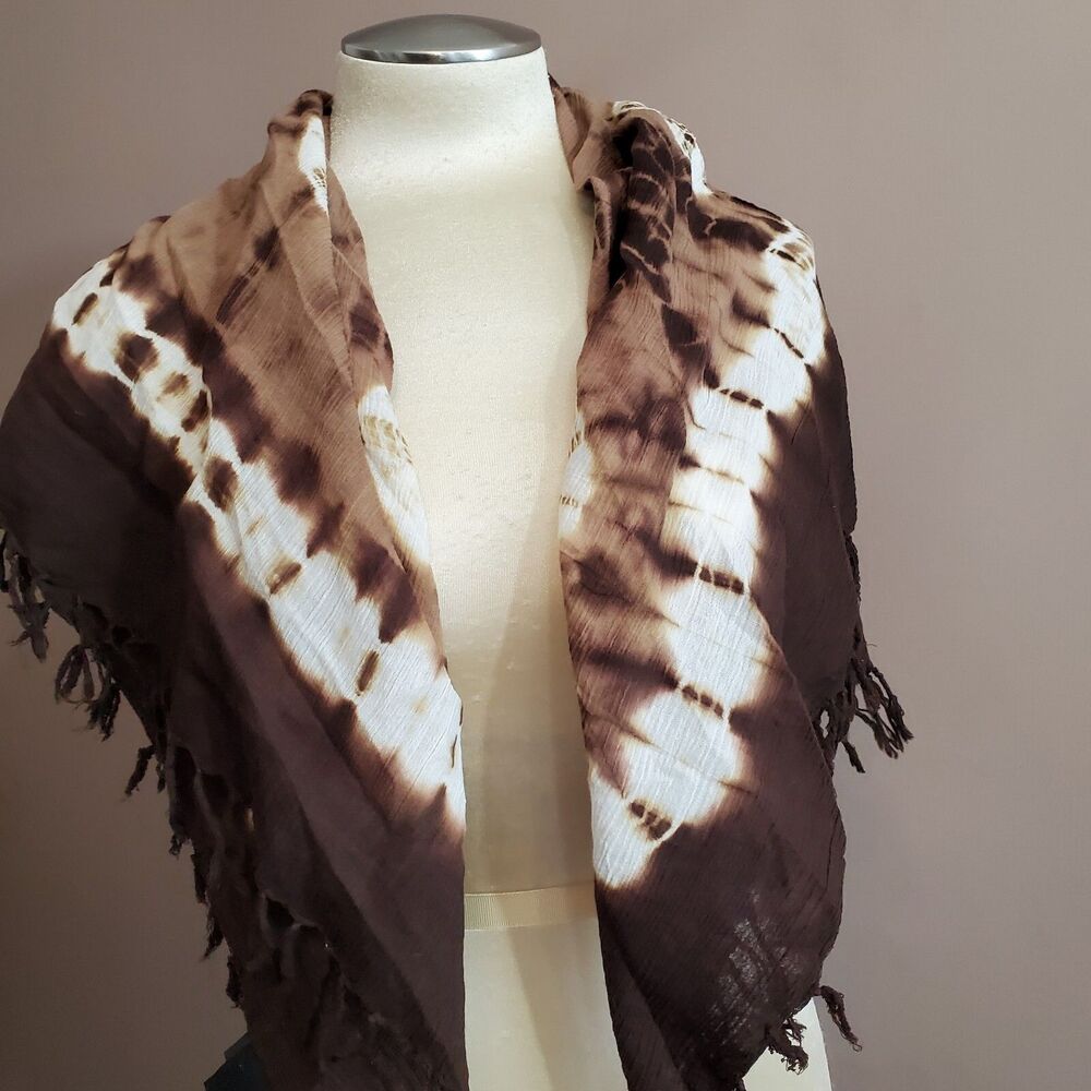 Vintage Cejon Scarf Shawl Wrap Brown Beige Cream Fringe 36x 33" Tie Dyed